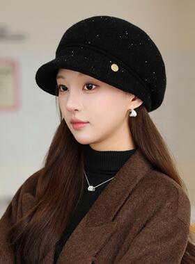 帽子女冬季新款针织毛线帽时尚加厚保暖鸭舌防寒贝雷帽洋气妈妈帽