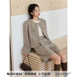 JUSLIN 重磅羊毛夹花彩点纹理知识分子风小香外套中裤套装 J0705