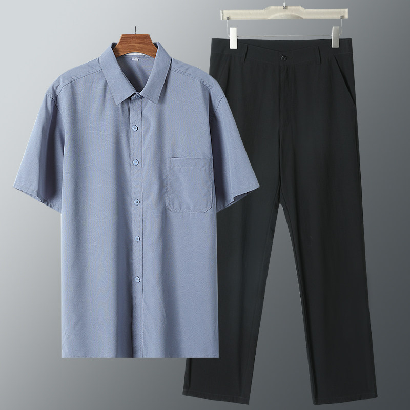아빠의 여름 얼음 실크 정장 중노년용 남성용 반팔 셔츠 남성 캐주얼 긴 바지 노인 셔츠 투피스 세트