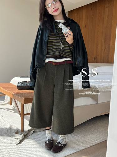 S-SHE56203秋季新款时尚百搭宽松显瘦毛呢裤洋气百搭八分裤