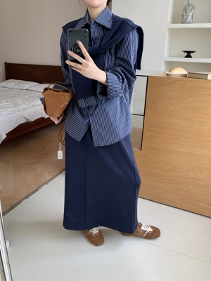 XIAOMONV韩系氛围感披肩搭配长袖条纹衬衫休闲半身裙女三件套装