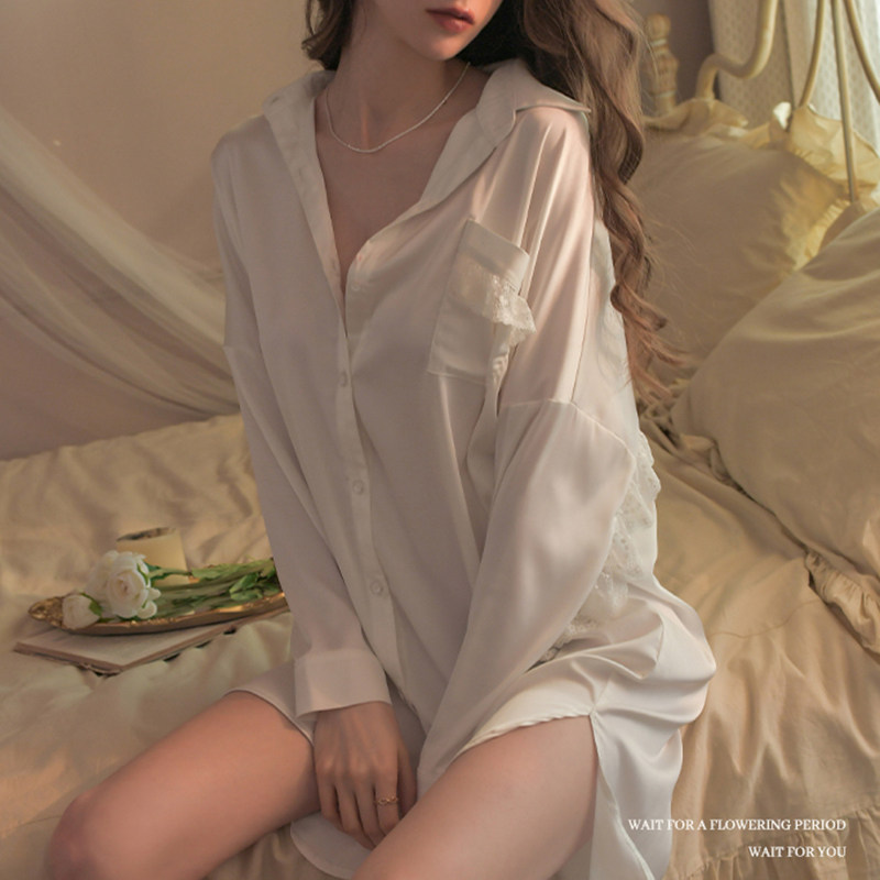 维多控真丝性感睡衣女男友风白色衬衫高级感蕾丝睡裙中长款家居服