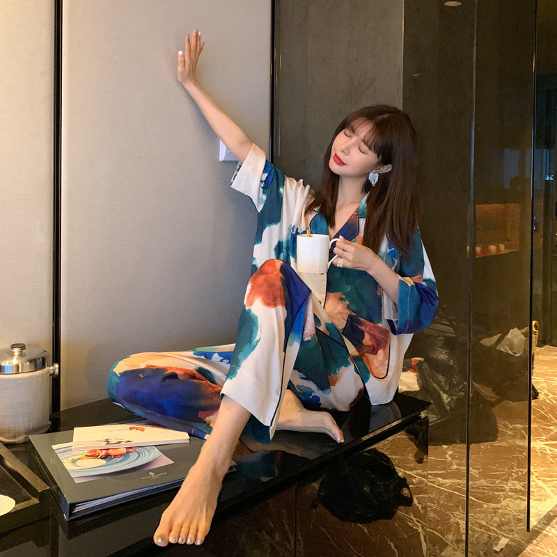 扎染丝绸性感网红睡衣女春夏七分袖短裤真丝薄款家居服套装