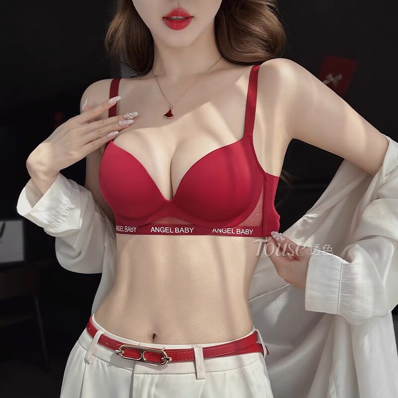 维多利亚无痕红色本命年内衣女士小胸聚拢蛇年性感深V文胸罩套装