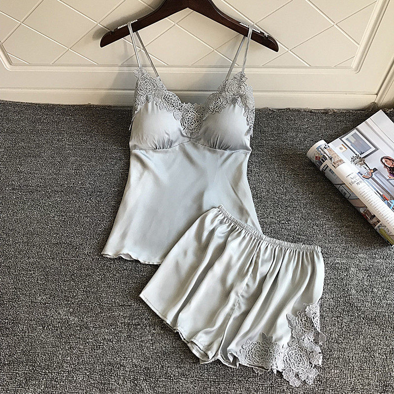 维多控性感睡衣套装女聚拢小胸夏火辣真丝绸带胸垫吊带睡裤两件套