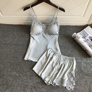 维多控性感睡衣套装女聚拢小胸夏火辣真丝绸带胸垫吊带睡裤两件套