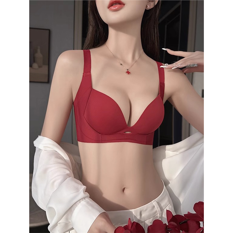 红色本命年蛇年内衣女薄款大胸显小大码收副乳结婚新娘文胸罩套装