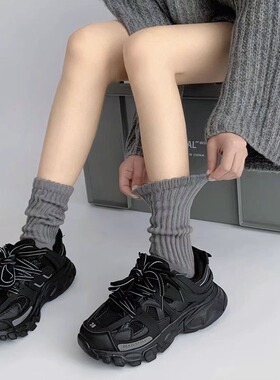 日本高端Durgge粗线袜子女春秋季灰色中筒袜针织女款堆堆毛线长袜