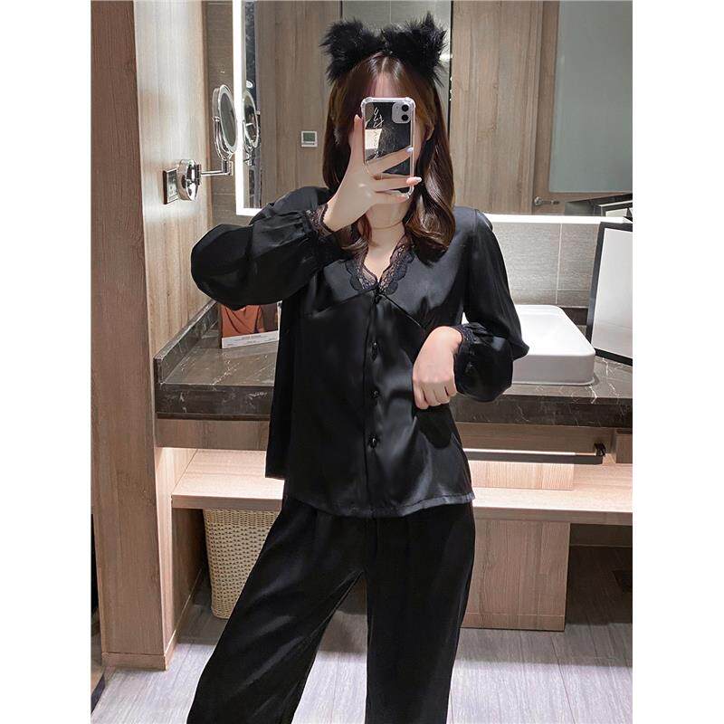 维多控性感真丝绸睡衣女士春夏季长袖蕾丝花边甜美纯色家居服套装