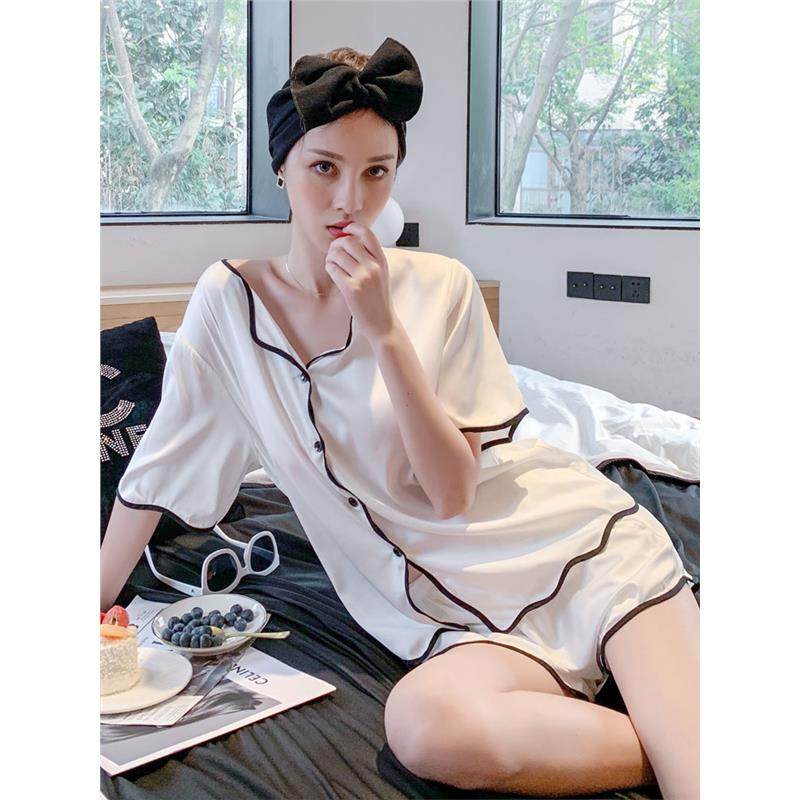 维多控真丝睡衣两件套女夏简约甜美短袖丝绸家居服套装薄款可外穿