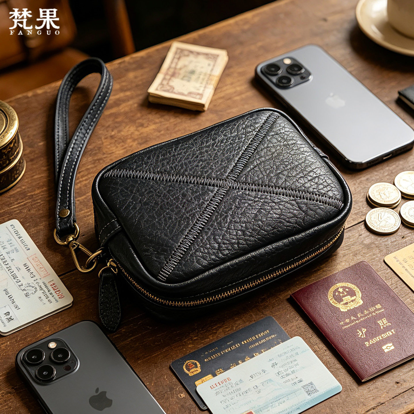 头层牛皮潮牌男士手拿包大容量手机耳机收纳包真皮拉链钱包手抓包