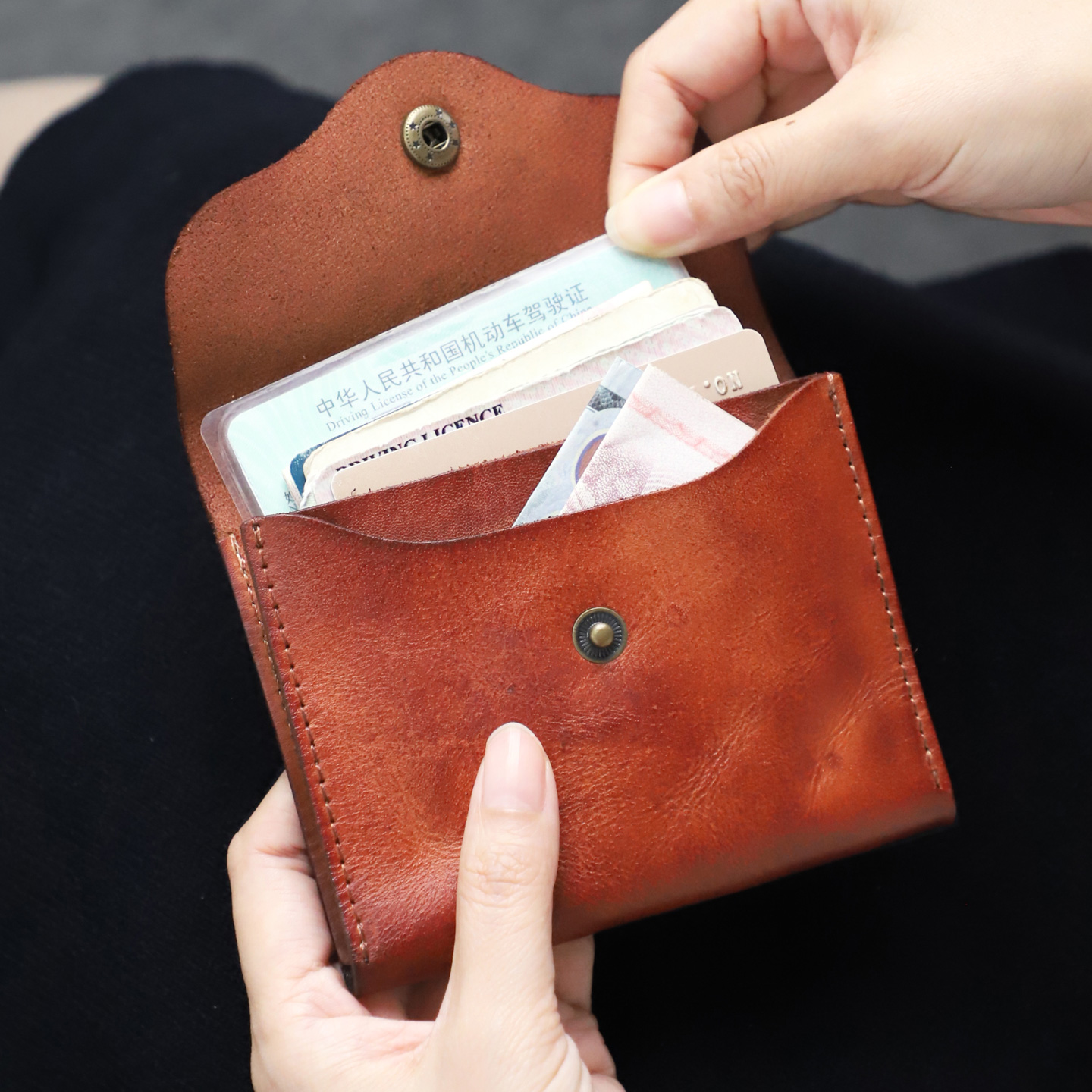 植鞣牛皮复古迷你短款零钱包男女手工真皮收纳包多功能卡包驾照包