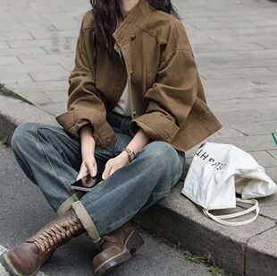 新款秋季复古咖色牛仔短外套女立领工装夹克上衣女跨境一件代发