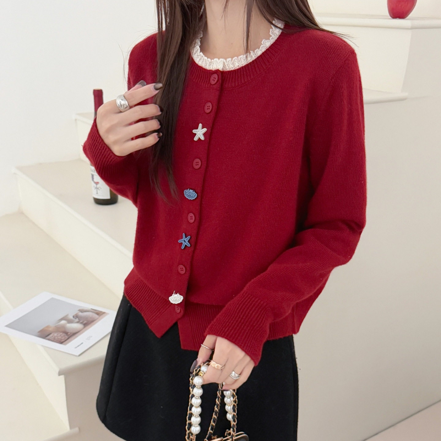 法式高端羊毛2026新年春款蕾丝小开衫红色外套内搭打底毛衣洋气女