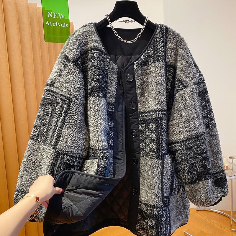 感毛毛棉服女冬季新款宽松毛茸茸羊羔绒摇粒绒夹棉外套