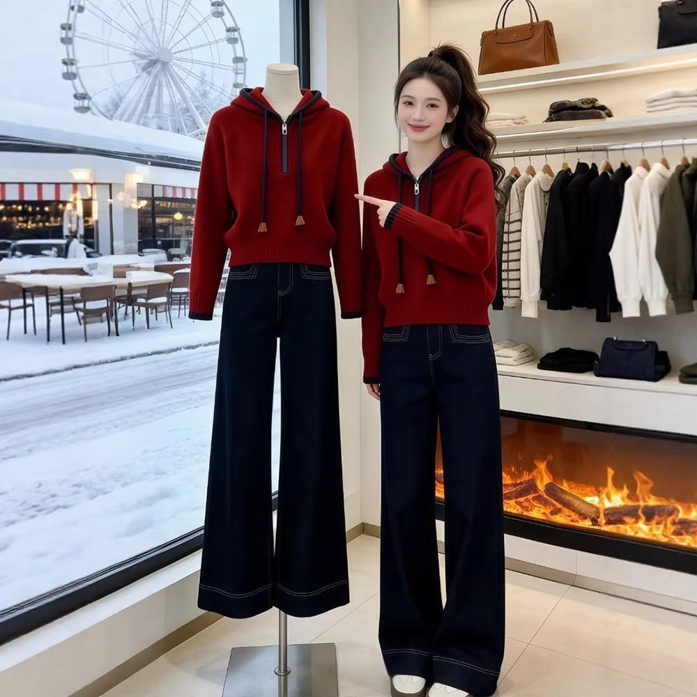 韩系灰色慵懒风气质连帽针织衫女2026年秋冬新款小个子显高上衣潮