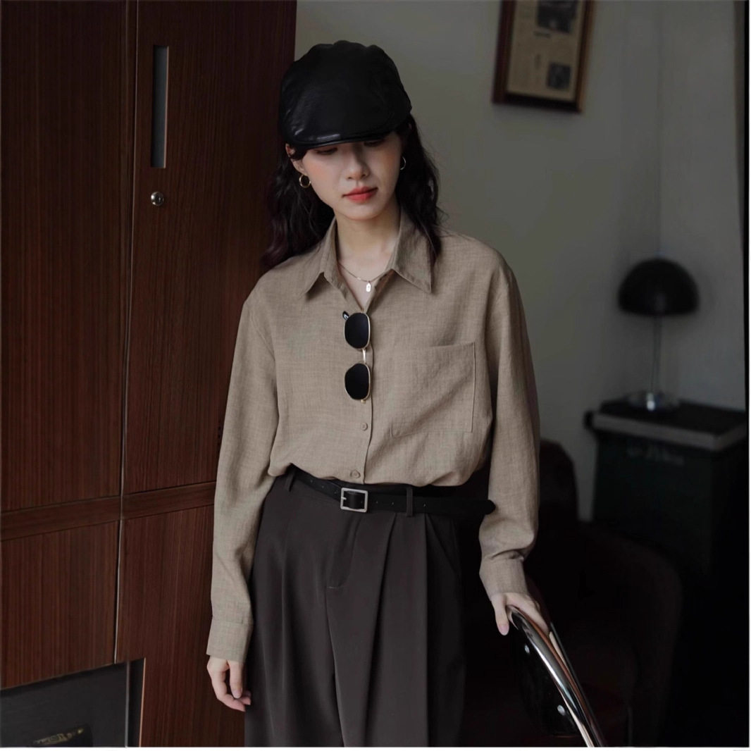 复古港味纯色长袖衬衫女显瘦秋季新款绿色设计感内搭宽松衬衣