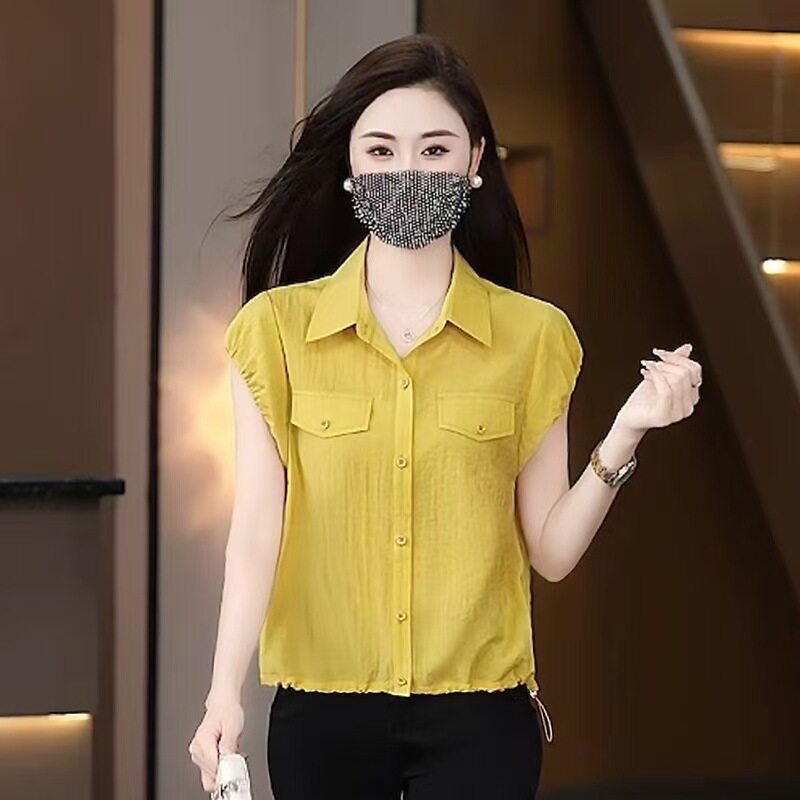 无袖衬衫女夏季2026新款设计感抽绳收腰衬衣时尚洋气短款女士上衣