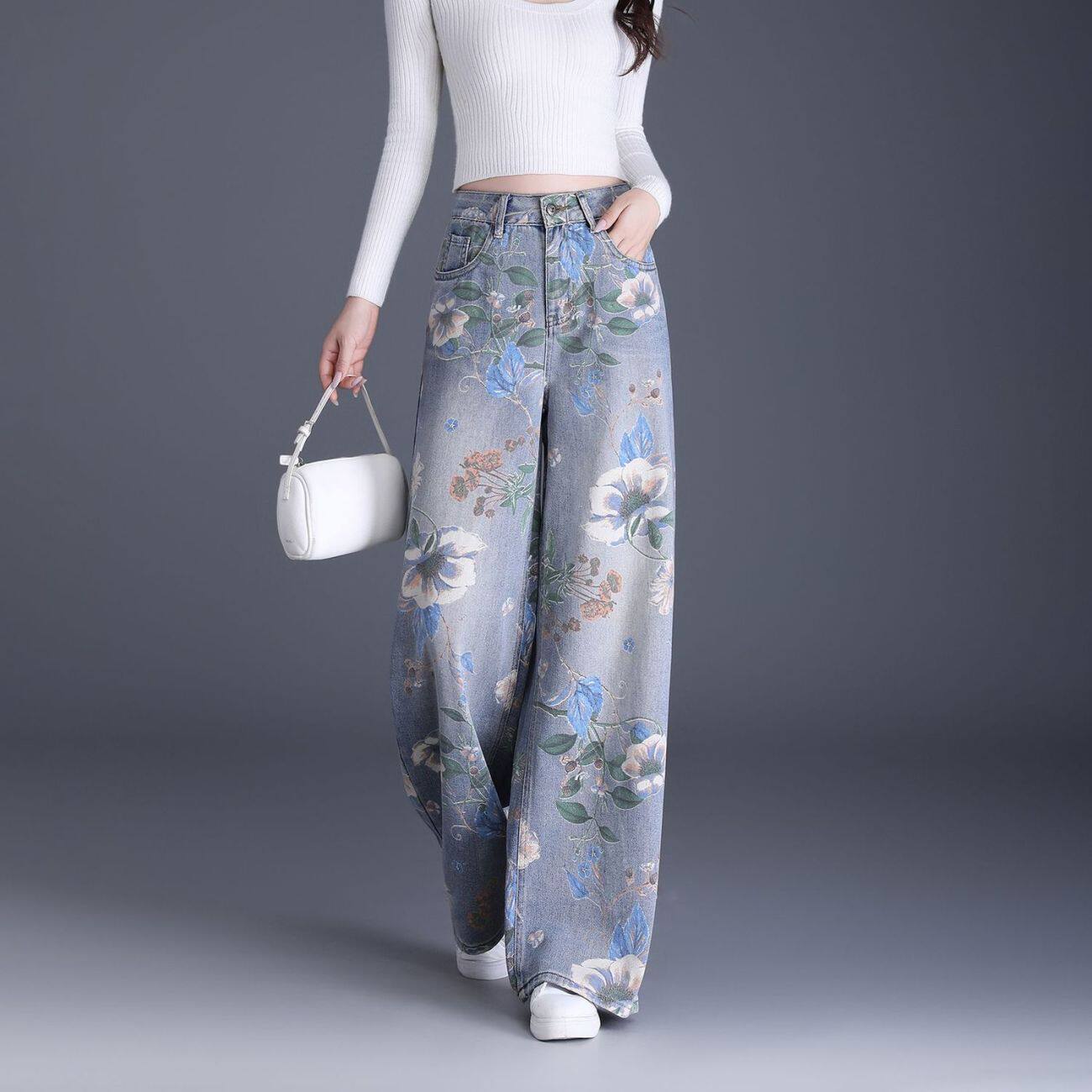 美式蓝色印花牛仔阔腿裤女2025春秋新款高腰宽松彩绘直筒拖地裤子