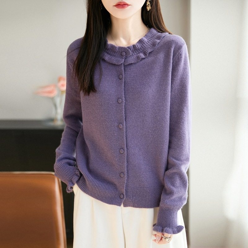 洋气木耳花边圆领加厚针织开衫女秋冬新款小众甜美系保暖显瘦内搭