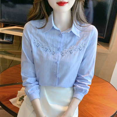 绣花全棉衬衫女长袖2026春秋季新款上班职场OL风休闲白色纯棉衬衣