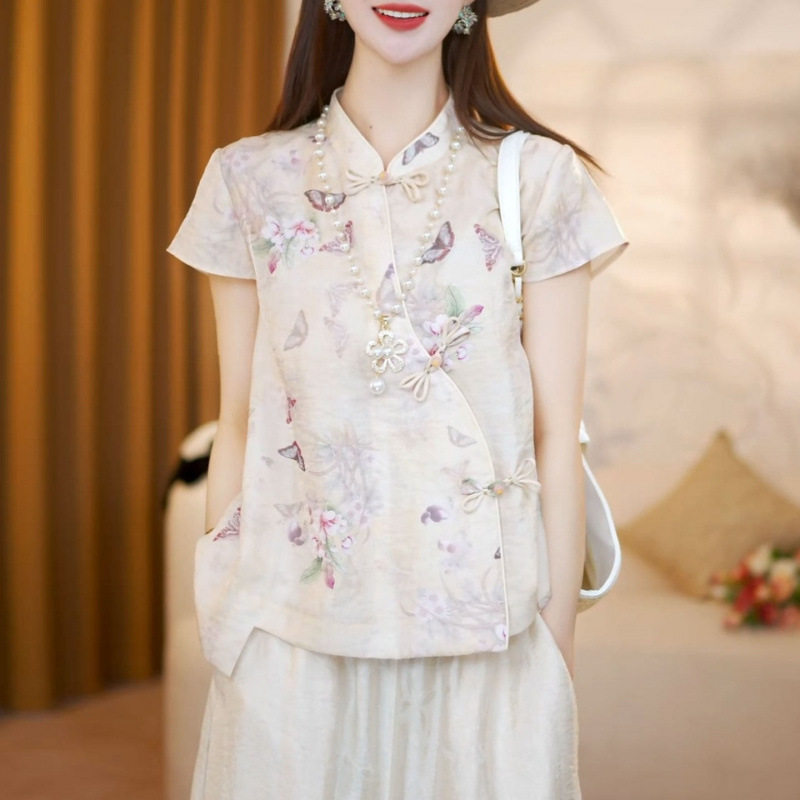 新中式女装中国风短袖年轻款立领衬衫复古改良衬衣斜襟盘扣上衣夏