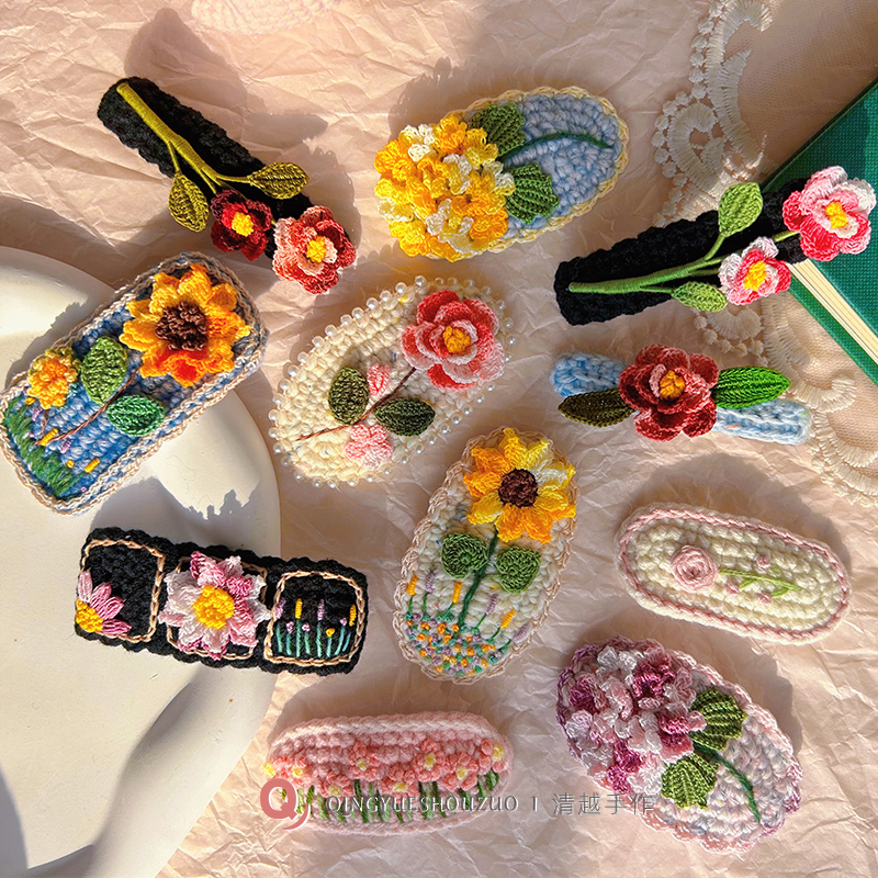 清越I 唯美山茶花发夹纯手工钩织微钩刺绣桂花发卡多彩油画风成品