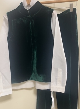 Ms知之行之墨绿色100真丝丝绒现代中式立领斜襟马甲优雅衬肤色