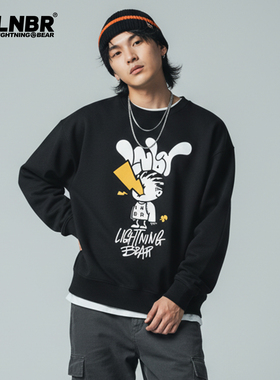 LIGHTNING BEAR 潮流大码休闲上衣黑色加肥加大宽松型圆领卫衣