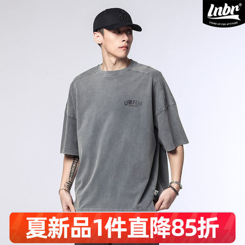 LNBR原创25夏新品复古T恤男重水洗灰色不规则oversize闪电熊短袖