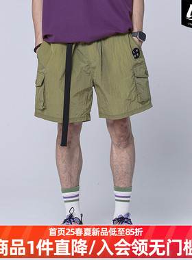 LNBR熊电夏季绿色休闲口袋工装短裤男美式街头嘻哈宽松五分裤大码