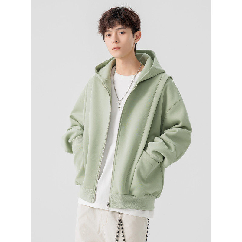 美式复古男士潮流cleanfit解构480g重磅开衫短款连帽卫衣外套男