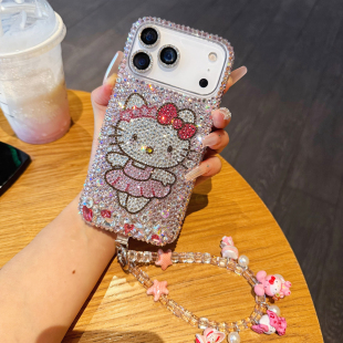 苹果17Pro Max网红同款Kt带钻手机壳iPhone16奢华水钻可爱卡通猫15plus全包14防摔13mini保护套适用12链11女X