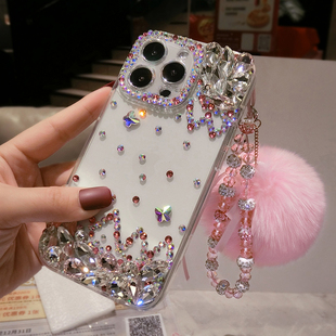 新款iPhone17ProMax镶钻手机壳奢华13mini带钻石闪15plus适用苹果16全包精孔摄像头14防摔12网红女11链XS软套