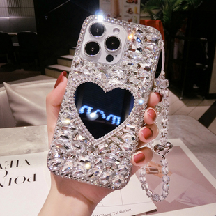 iPhone15plus带钻石闪13mini奢华水晶高档12全包防摔11适用XS女潮14镶钻XR链 苹果16ProMax镜子支架手机壳新款