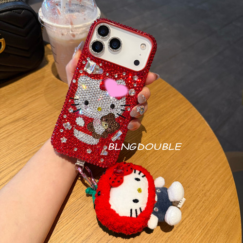 中国红iPhone17ProMax水钻手机壳苹果16可爱15plus女14卡通KT猫13
