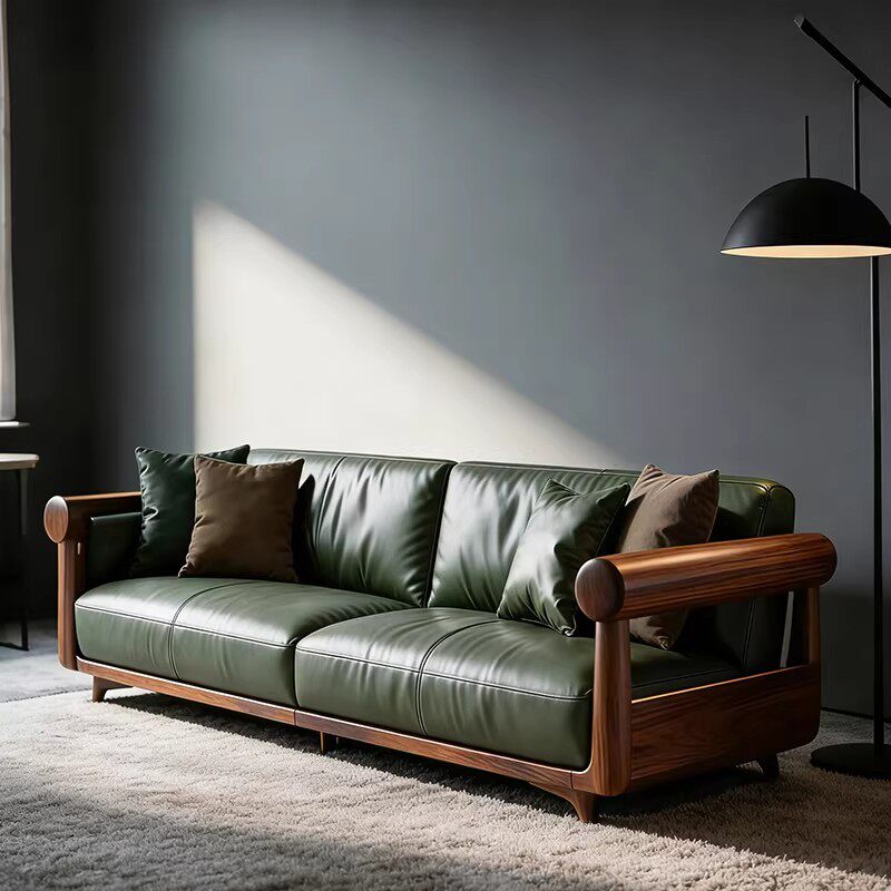 新中式黑胡桃木沙发现代客厅禅意实木家具酒店别墅客厅皮艺沙发