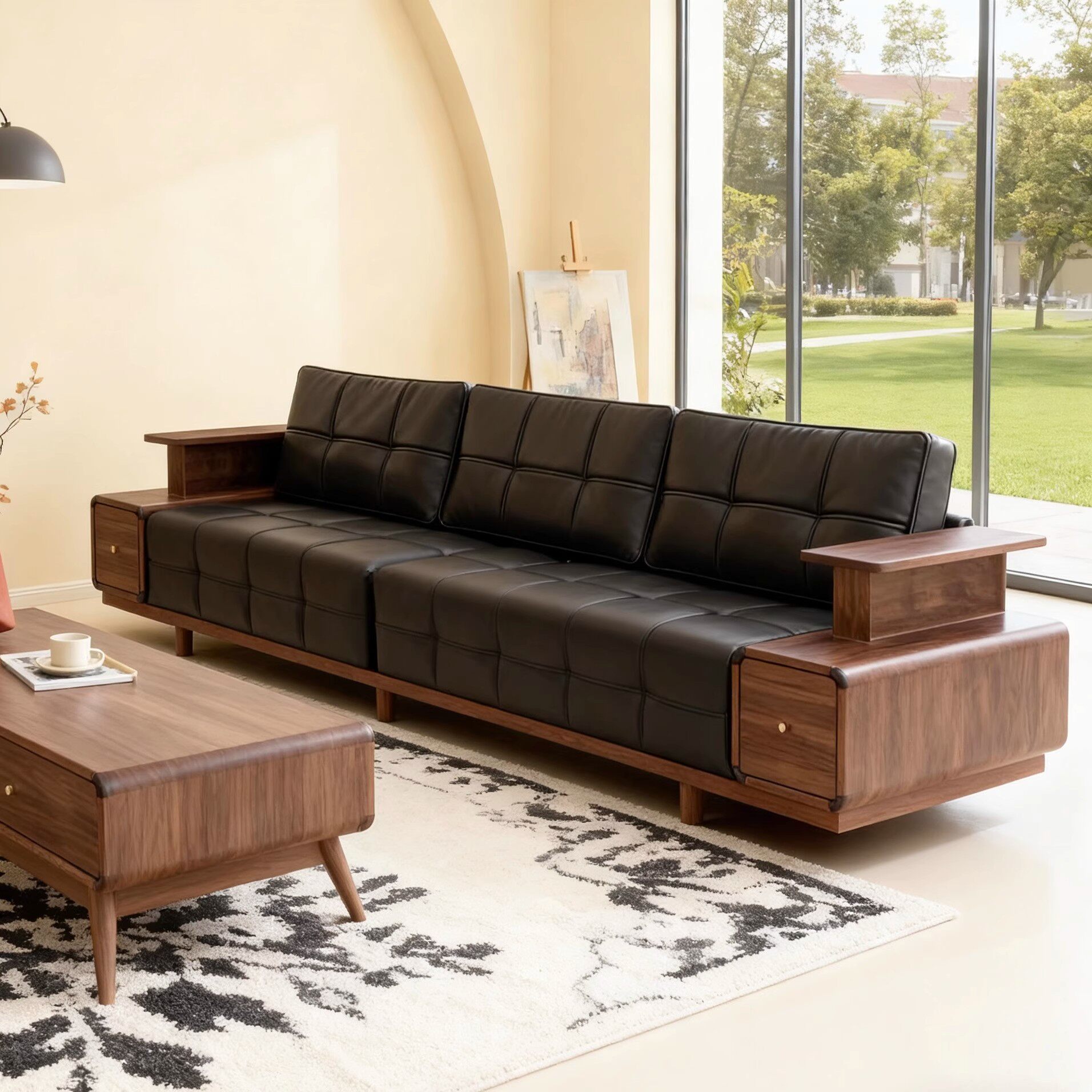 新中式黑胡桃木现代简约实木沙发客厅黑色皮质多人位储物收纳沙发