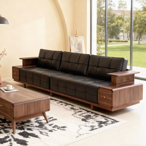 新中式黑胡桃木现代简约实木沙发客厅黑色皮质多人位储物收纳沙发