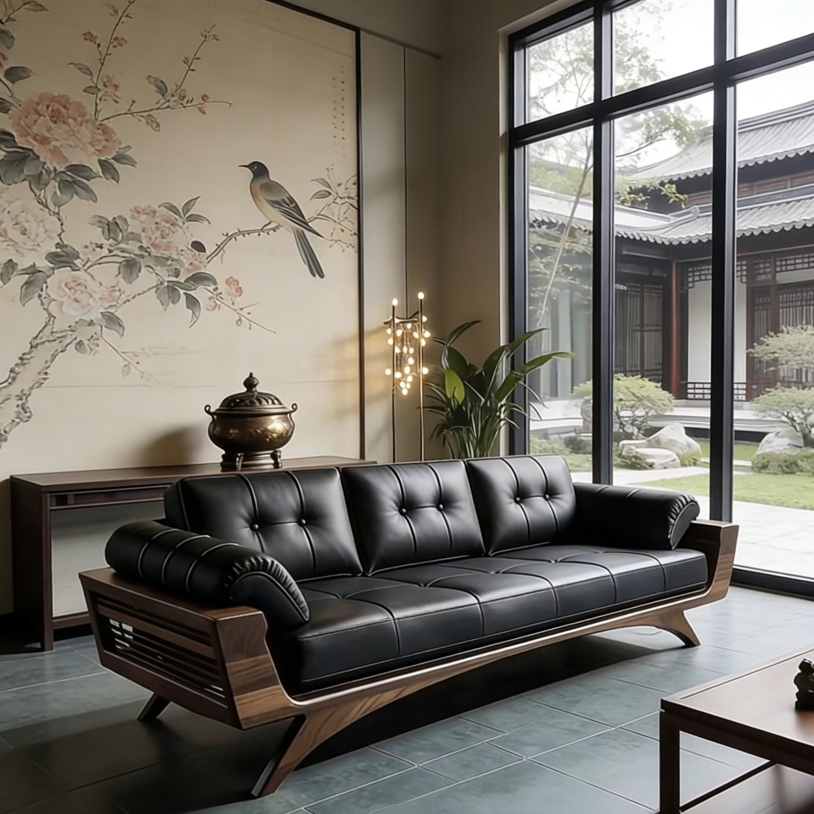 新中式黑胡桃木实木沙发真皮客厅三人位黑色高端复古风中式沙发