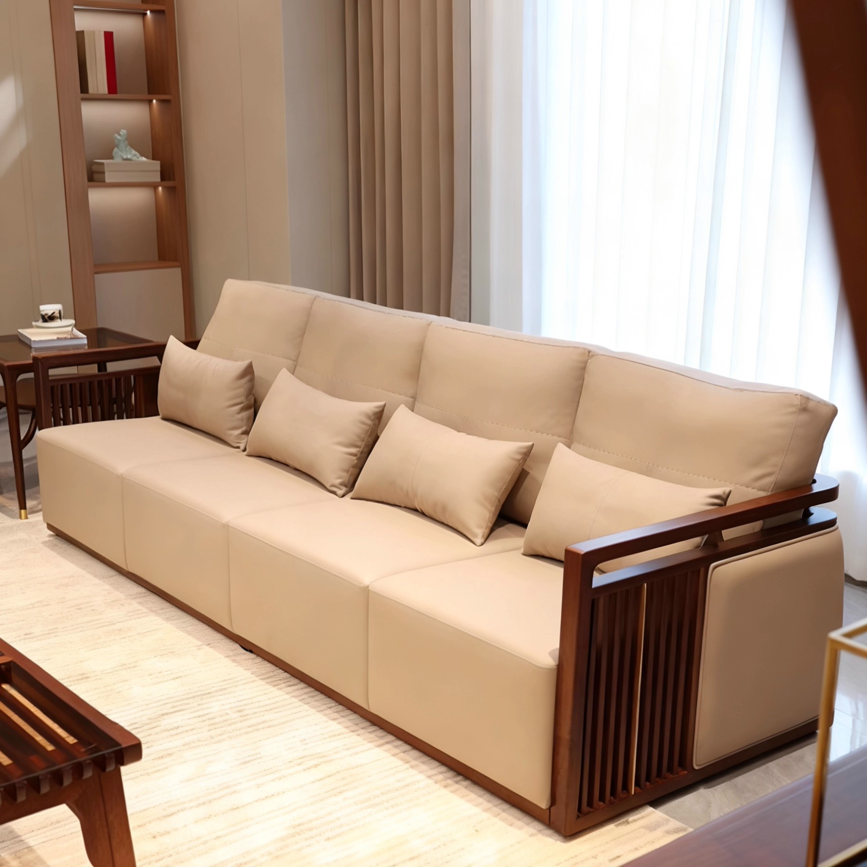 新中式黑胡桃木实木沙发现代简约三人位米色皮质客厅家具极简风