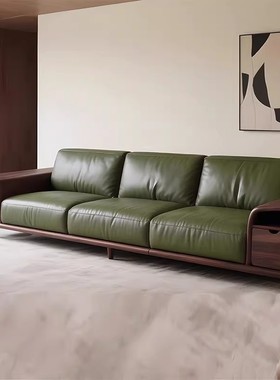 意式极简黑胡桃木实木沙发三人位真皮大小客厅直排储物沙发墨绿色