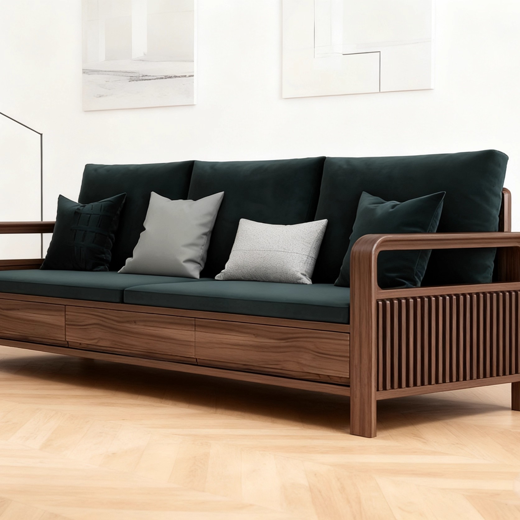 宋氏美学黑胡桃木实木沙发三人位墨绿色靠垫储物客厅家具高端沙发