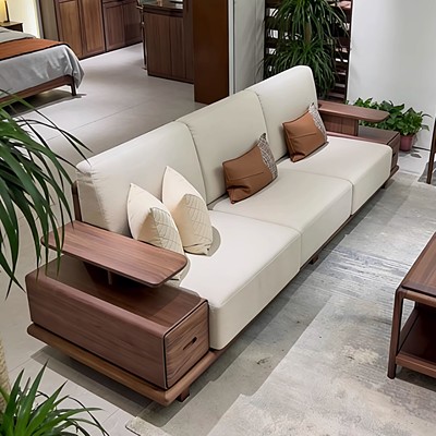 现代简约黑胡桃木实木沙发客厅四人位储物真皮直接高端简约沙发