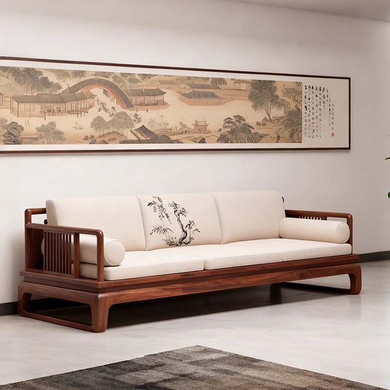 新中式黑胡桃木罗汉床别墅客厅现代实木贵妃榻简约布艺沙发床家具