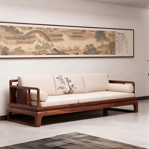 新中式黑胡桃木罗汉床别墅客厅现代实木贵妃榻简约布艺沙发床家具