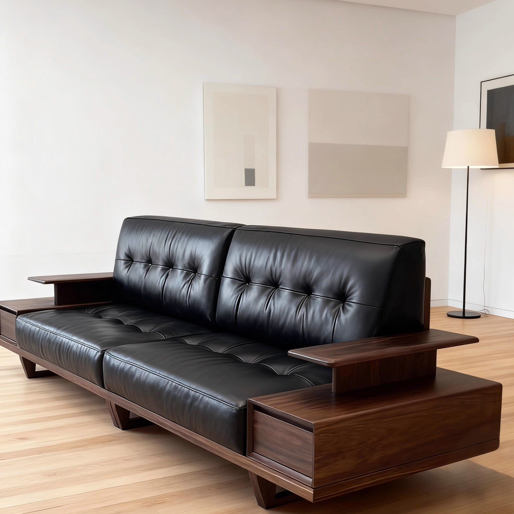 新中式黑胡桃木现代简约实木沙发三人位黑色真皮储物沙发客厅家具
