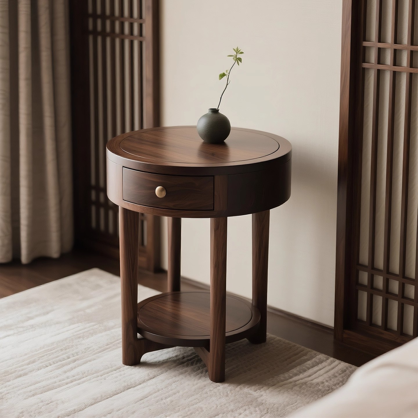 新中式实木圆形边几简约储物角几黑胡桃客厅高端实木边几可定制