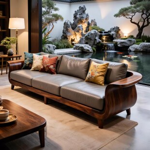 胡桃木实木沙发现代简约三人沙发皮艺客厅家具高级感沙发 新中式