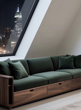 新中式黑胡桃木实木沙发三人位储物客厅别墅家具墨绿色布艺沙发